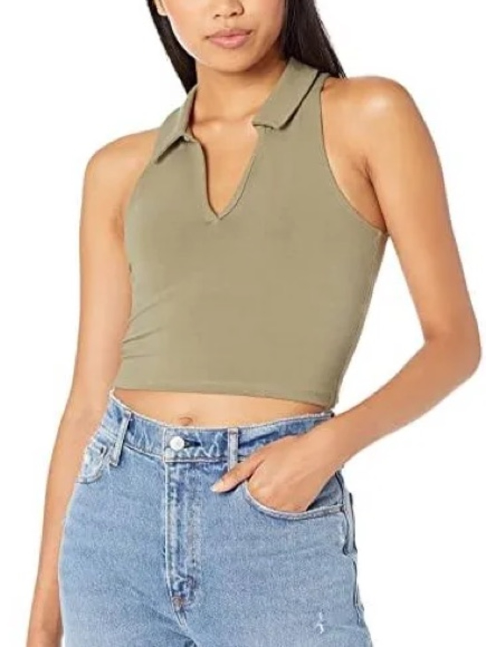 Abercrombie + Fitch Women’s Essential Tank Olive Collared V-Neck Sleeveless Top - Picture 4 of 6